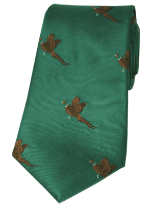 Soprano Flying Pheasant On Green Ground Country Silk Tie