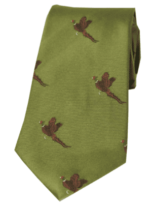 Soprano Flying Pheasant On Moss Green Ground Country Silk Tie