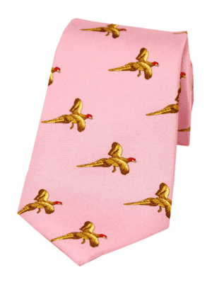 Soprano Flying Pheasant On Pastel Pink Ground Country Silk Tie